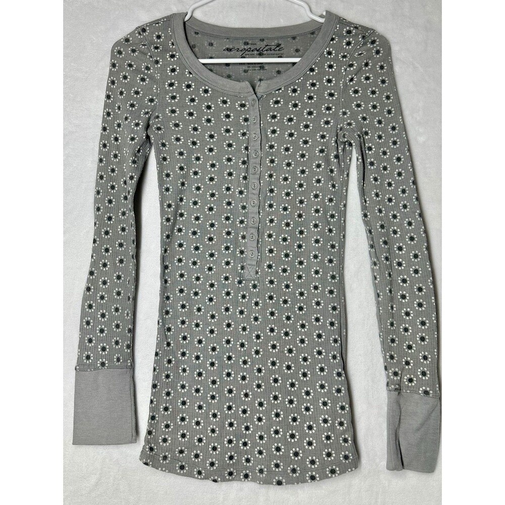 Aeropostale Ribbed Henley Top Gray Dot Y2K Fitted Long Sleeve M
